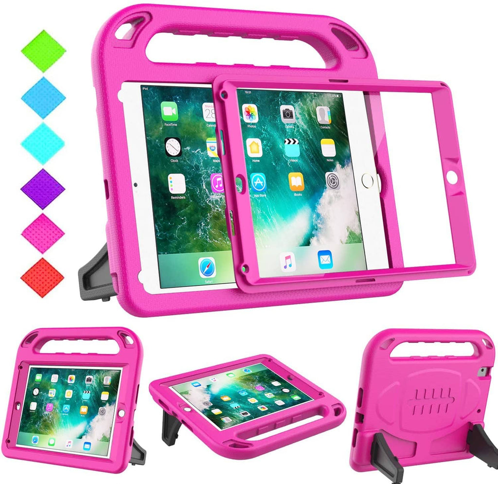 Pink kids iPad case with transparent front shield and carrying handle