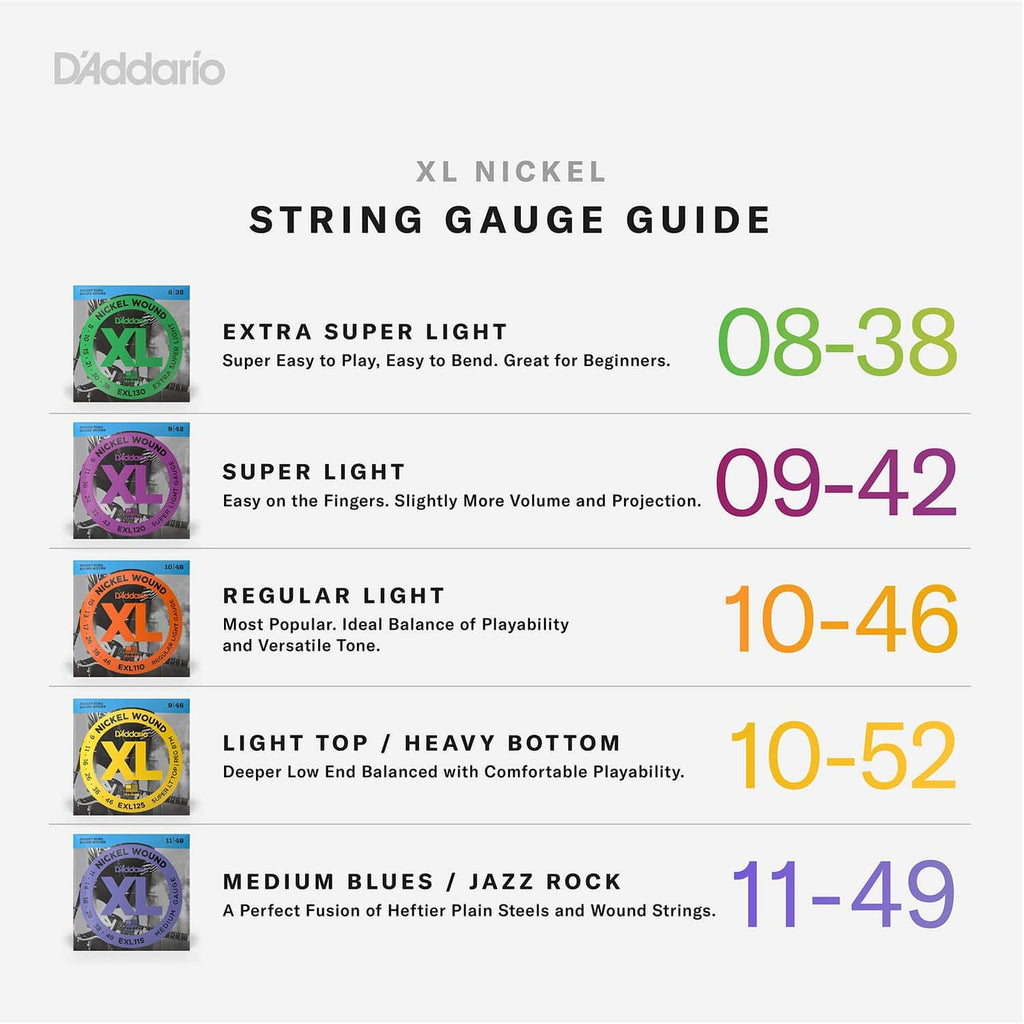 XL Nickel string gauge guide chart with ranges 08-38 to 11-49