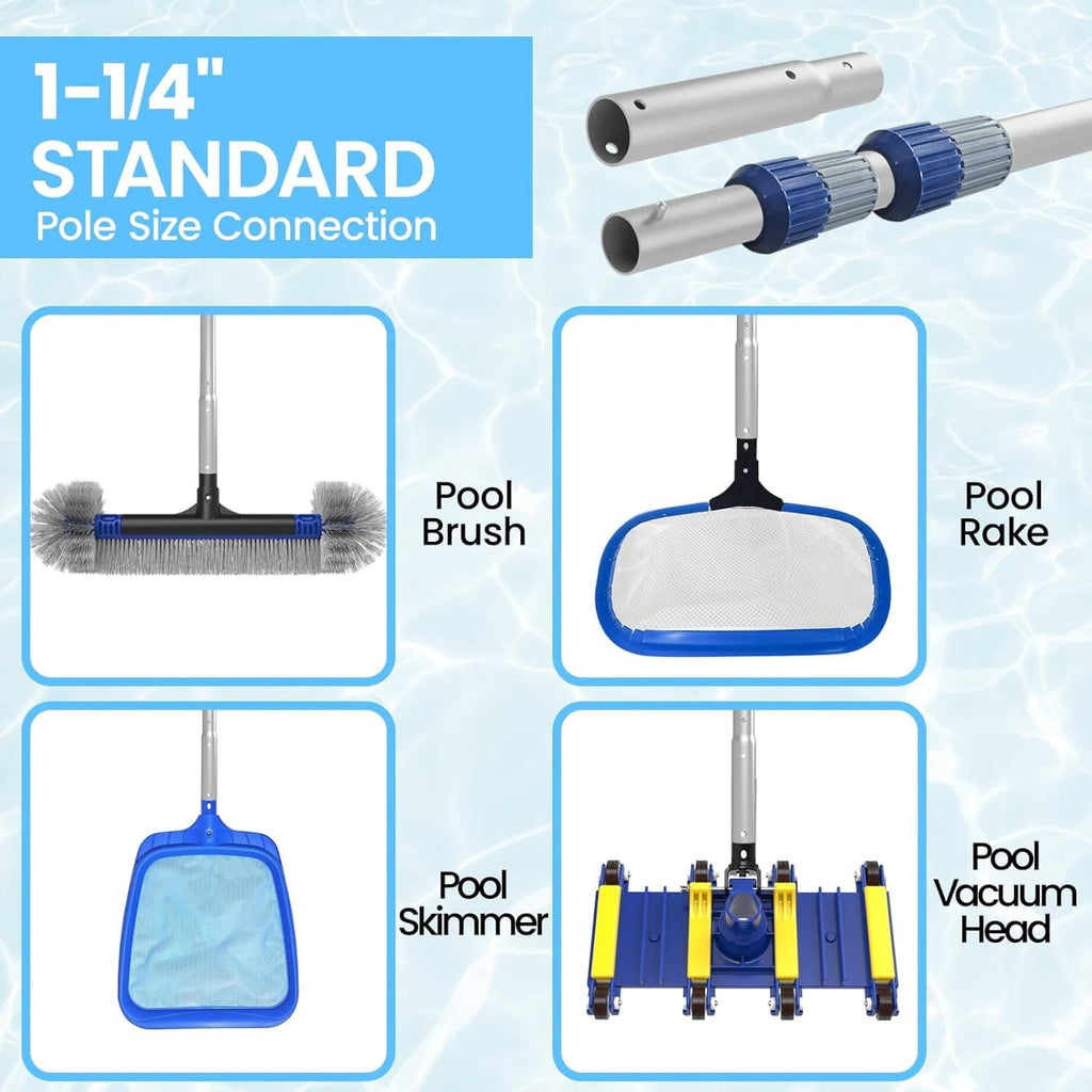 Telescopic pool pole with standard connection adapters for brush and skimmer heads