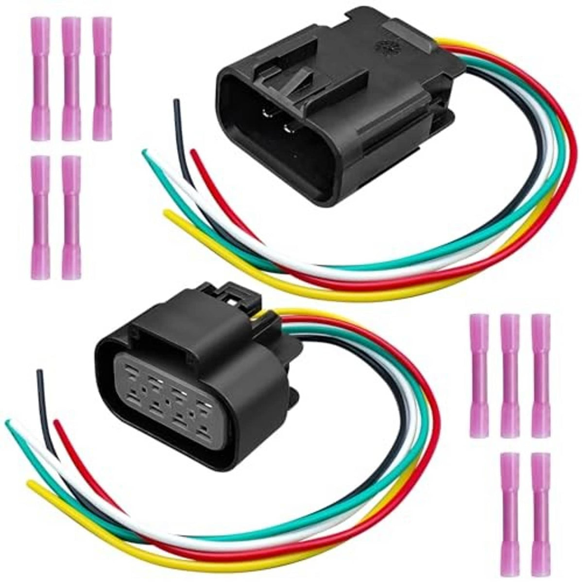 Headlight connector harness kit with two black plugs, multi-color wires, and end caps