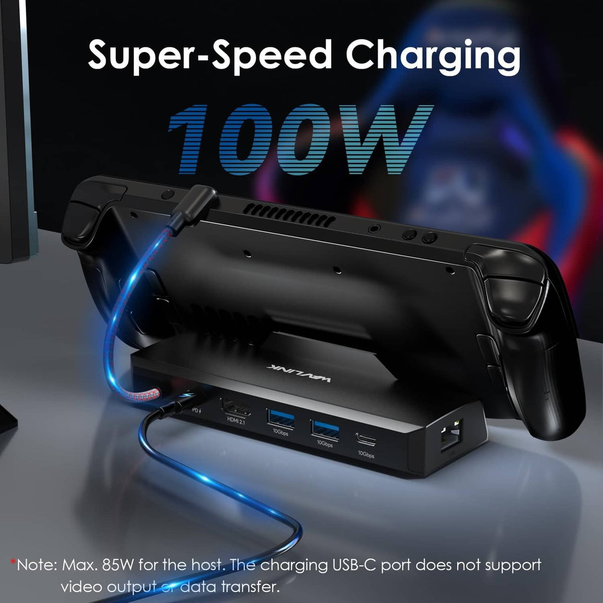 Black docking station with illuminated 100W fast-charging USB-C connection