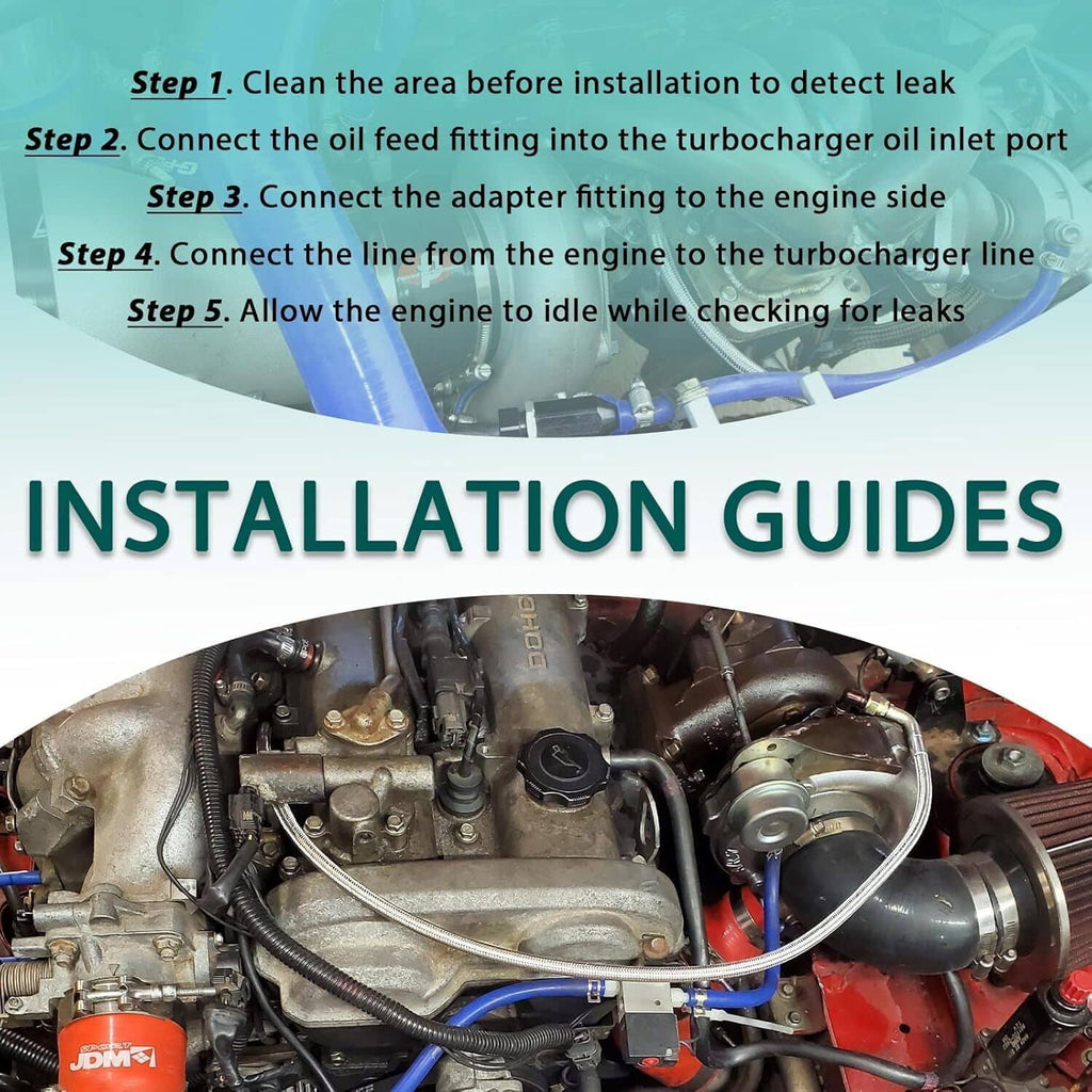 Installation guides graphic for oil feed line kit with engine bay and highlighted steps