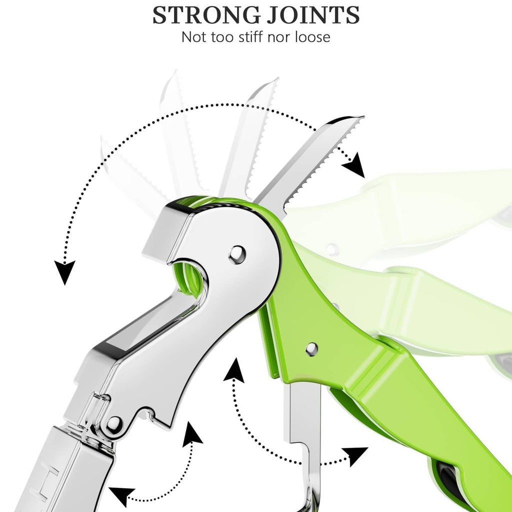 Lime green waiter corkscrew key with silver screw and top opener lever, close-up.