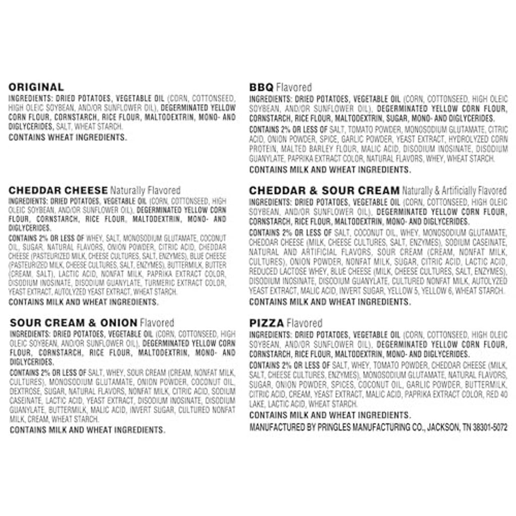 Pringles Snack Stacks ingredient and allergen text panel on the box back