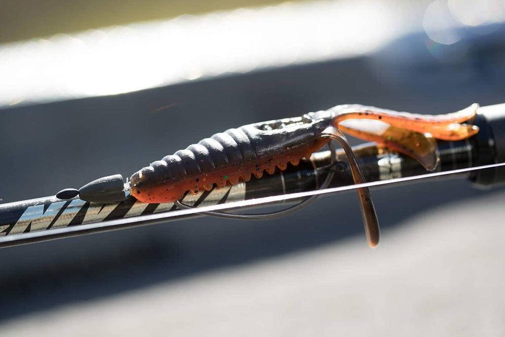 Fishing lure on rod tip, orange underside with dark blue speckles