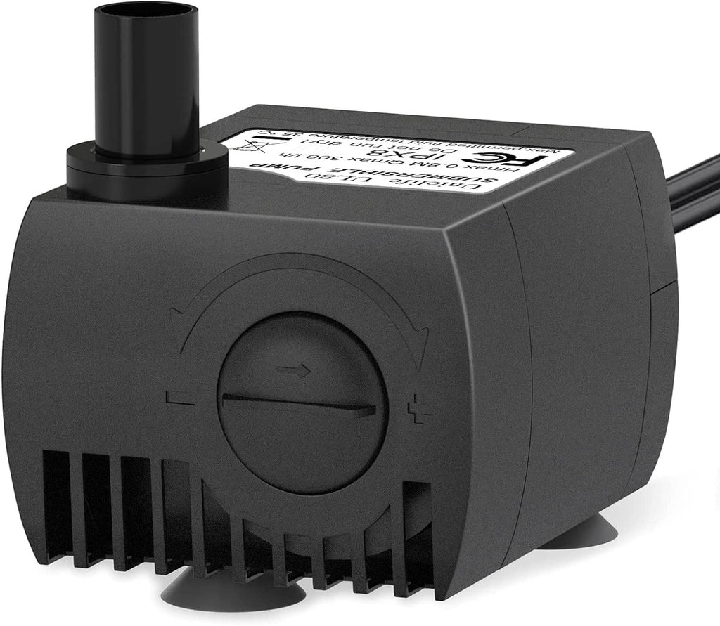 Submersible pump body with dial switch, upper outlet tube, and cooling vents