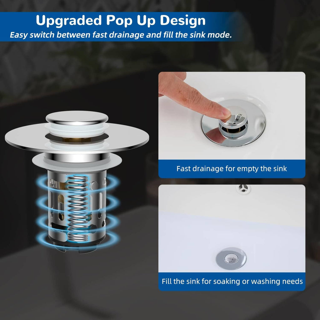 Chrome pop-up sink drain stopper with spring mechanism and push-top cover