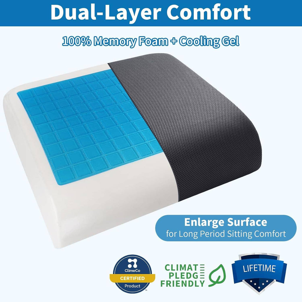Black seat cushion with blue cooling gel layer shown in a cross-section view.