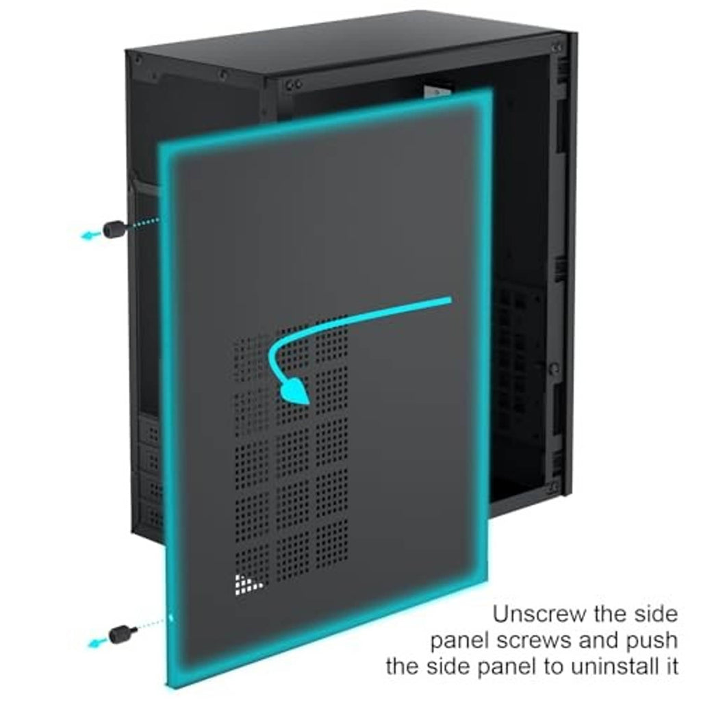 Black micro ATX desktop computer case with tempered window and mesh front panel
