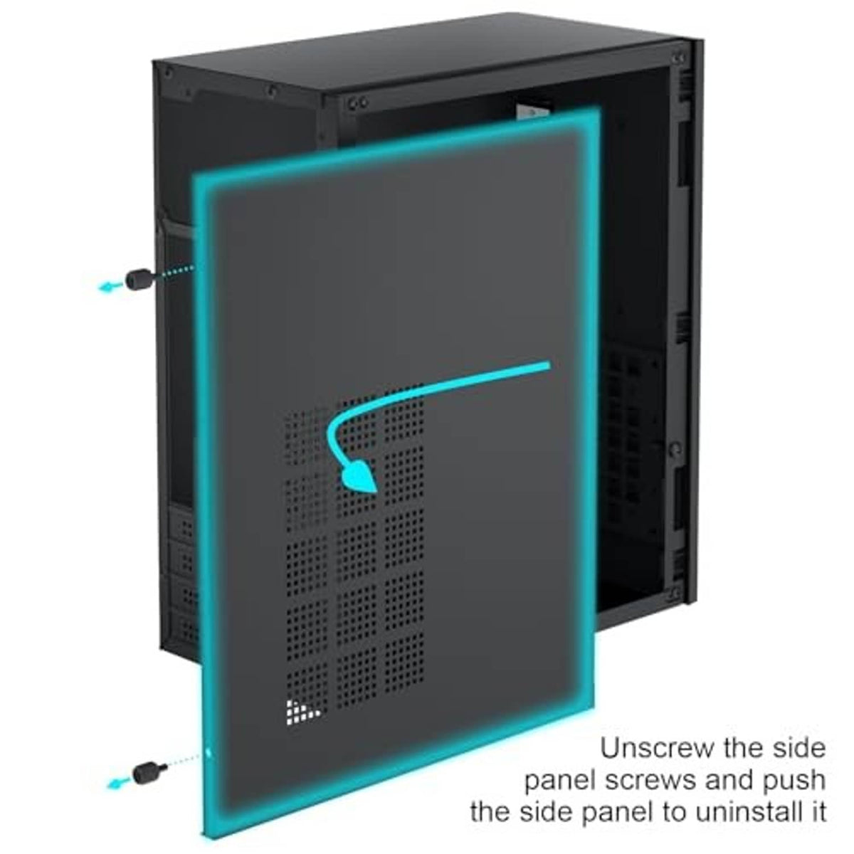 Black micro ATX desktop computer case with tempered window and mesh front panel