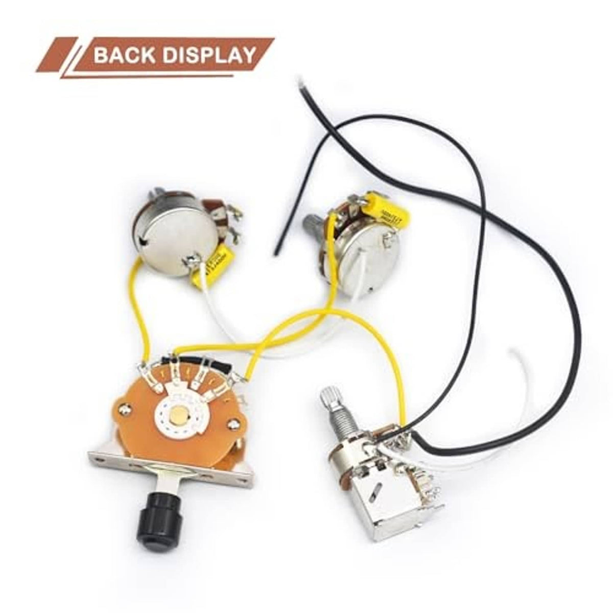 Back view of prewired guitar wiring harness with output jack, selector switch, and pickup wires