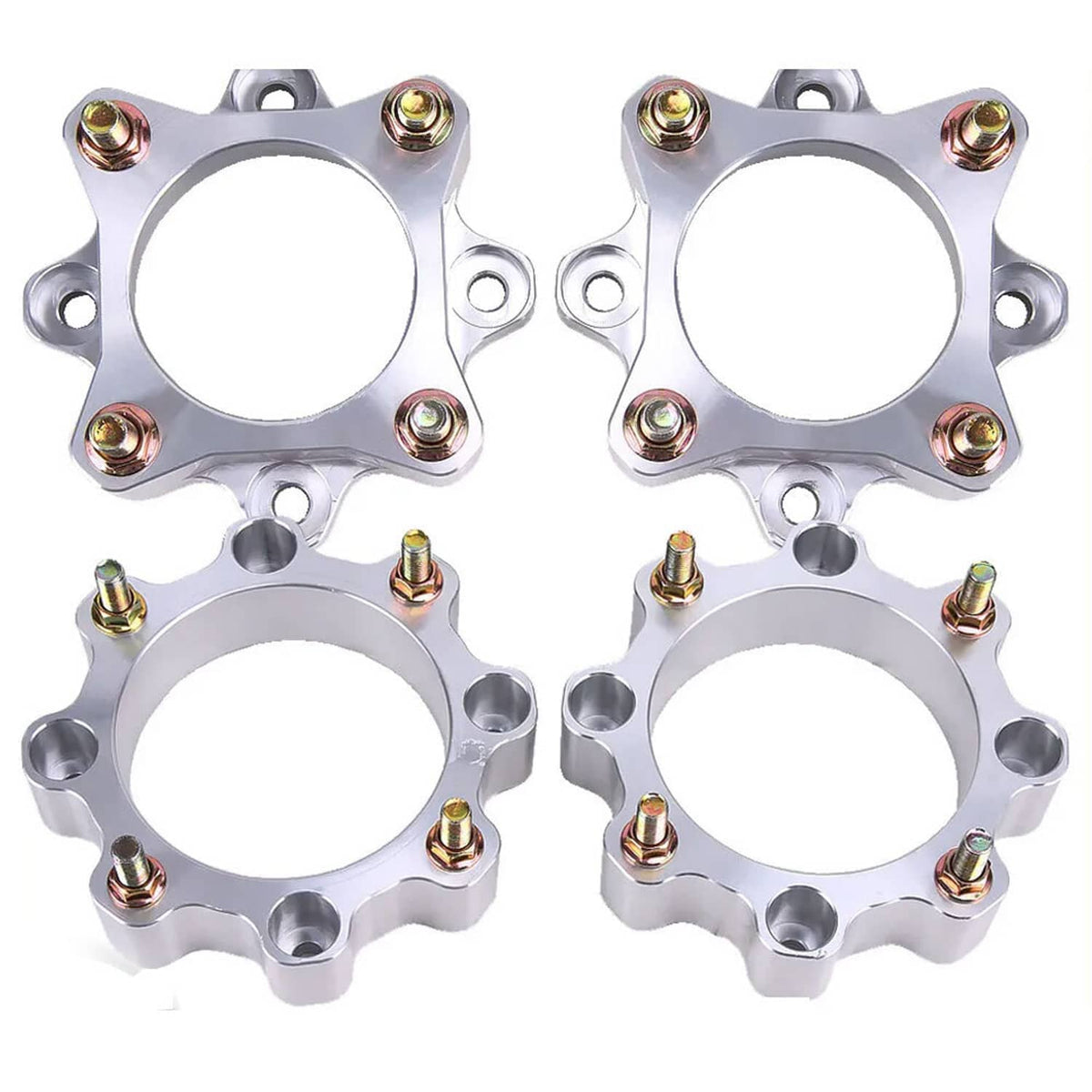 Wheel spacer plates with large center bores and multiple bolt holes, silver finish