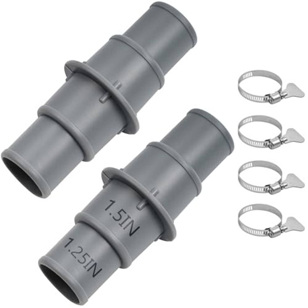 Grey plastic pool hose adapter coupling set with two connector ends and four hose clamps