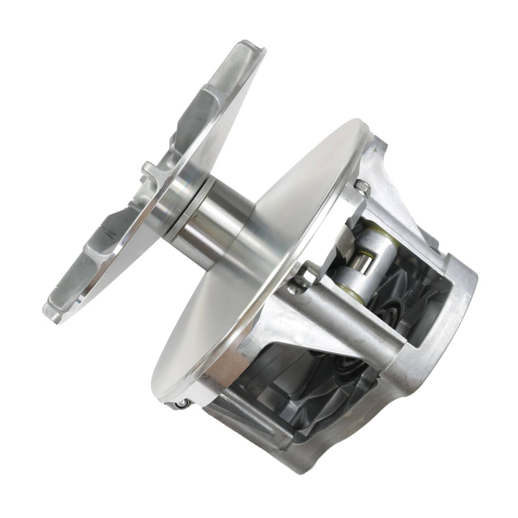 Primary drive clutch assembly with angled housing, shaft, and internal components