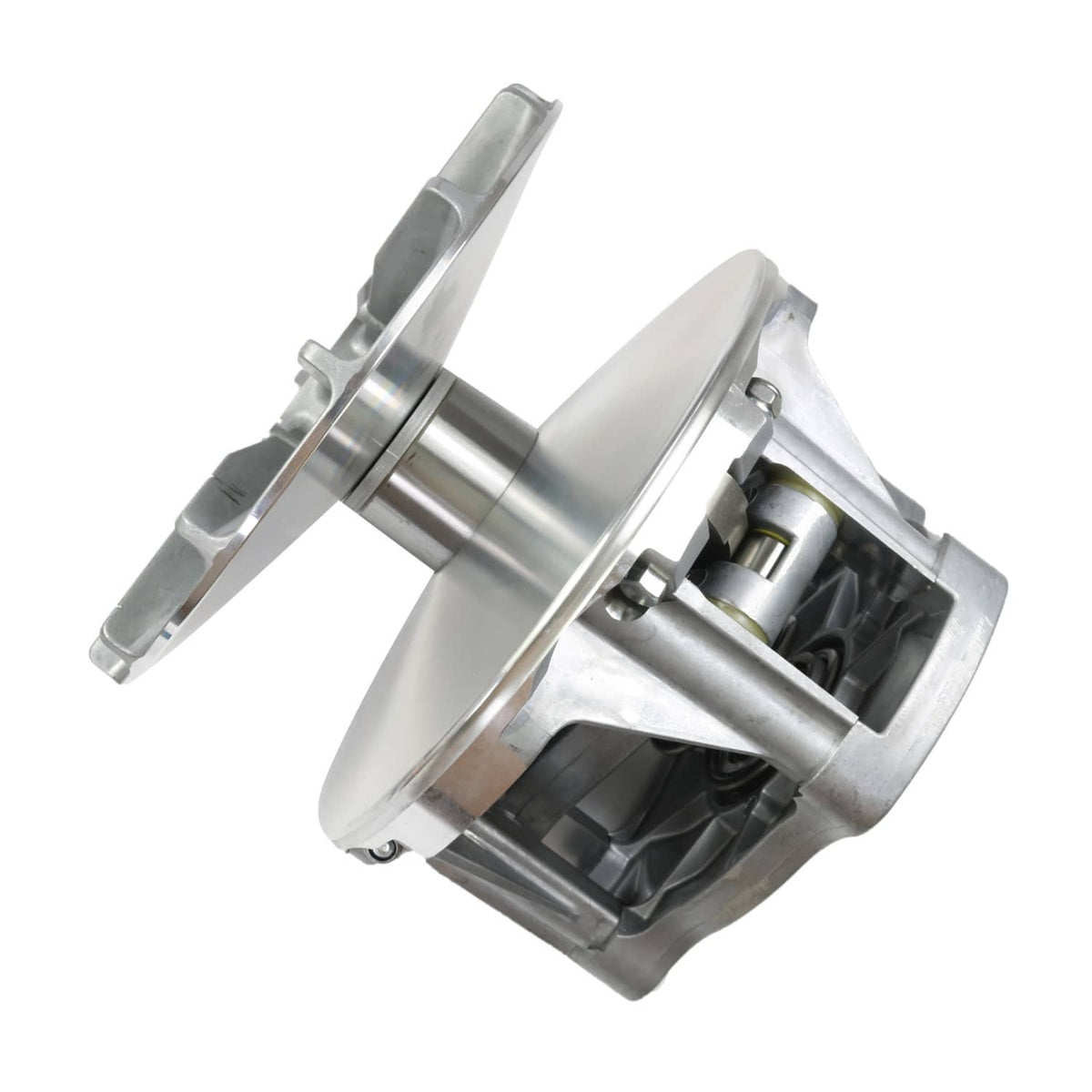 Primary drive clutch assembly with angled housing, shaft, and internal components
