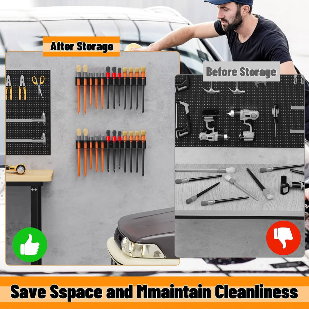 Wall-mounted detailing brush organizer with brushes stored in neat rows