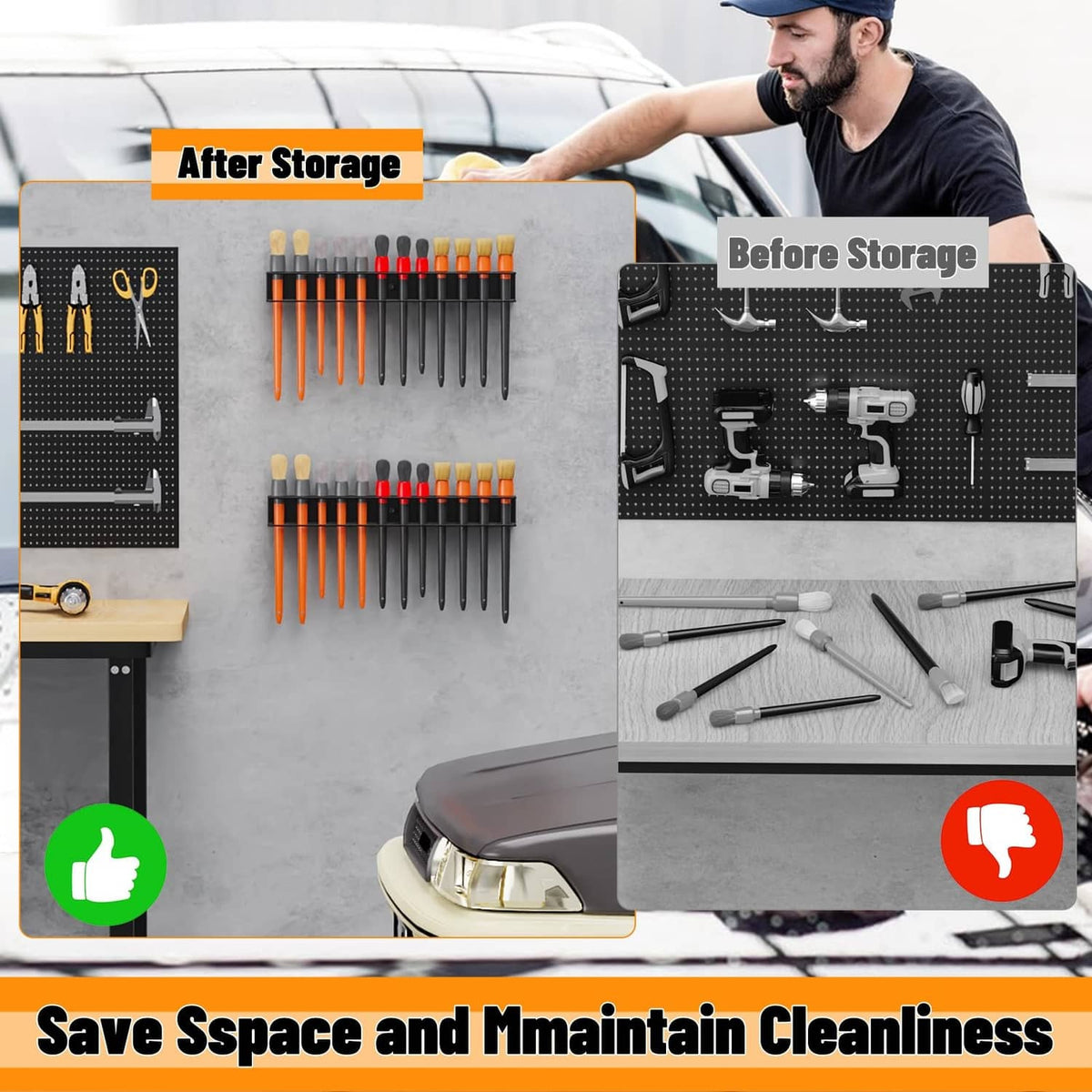 Wall-mounted detailing brush organizer with brushes stored in neat rows