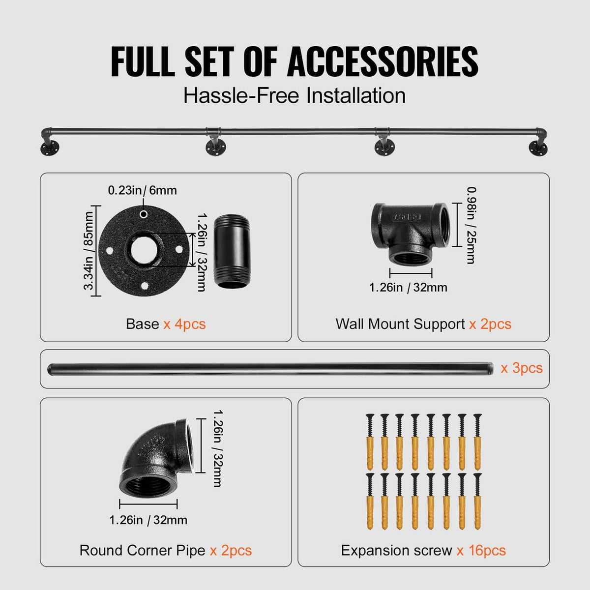 Stair handrail accessory set: base plate, wall supports, corner pipe, expansion screws