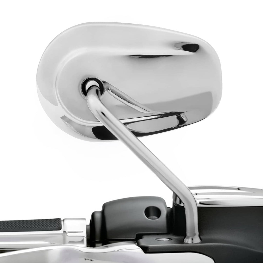 Chrome teardrop rear-view mirror with long stem and mounting base, viewed from front-right.
