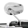 Chrome teardrop rear-view mirror with long stem and mounting base, viewed from front-right.