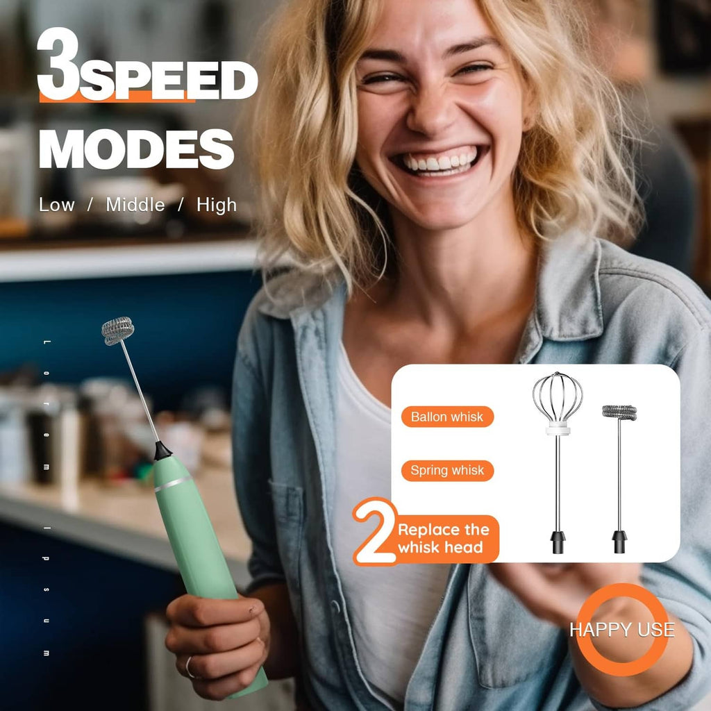 Green rechargeable handheld milk frother with detachable whisk head