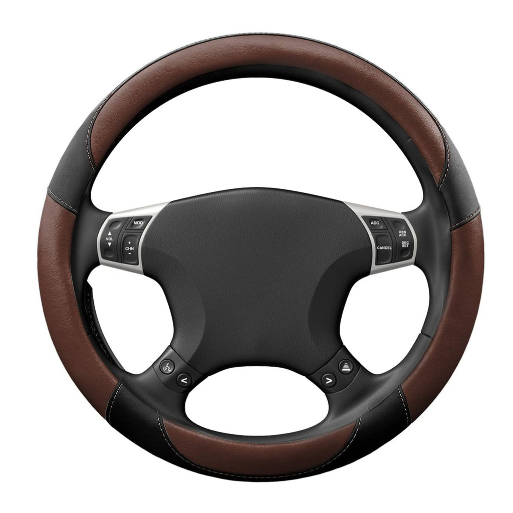 Steering wheel cover with brown leather-look grip and black lower sections, stitched edges