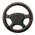 Steering wheel cover with brown leather-look grip and black lower sections, stitched edges