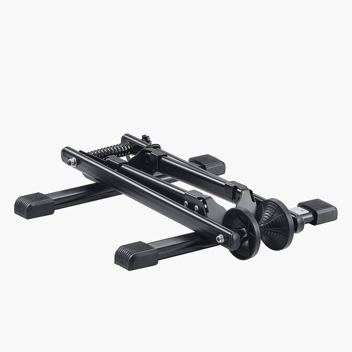 Collapsible bicycle stand with wheel cradle and four adjustable rubber feet, black