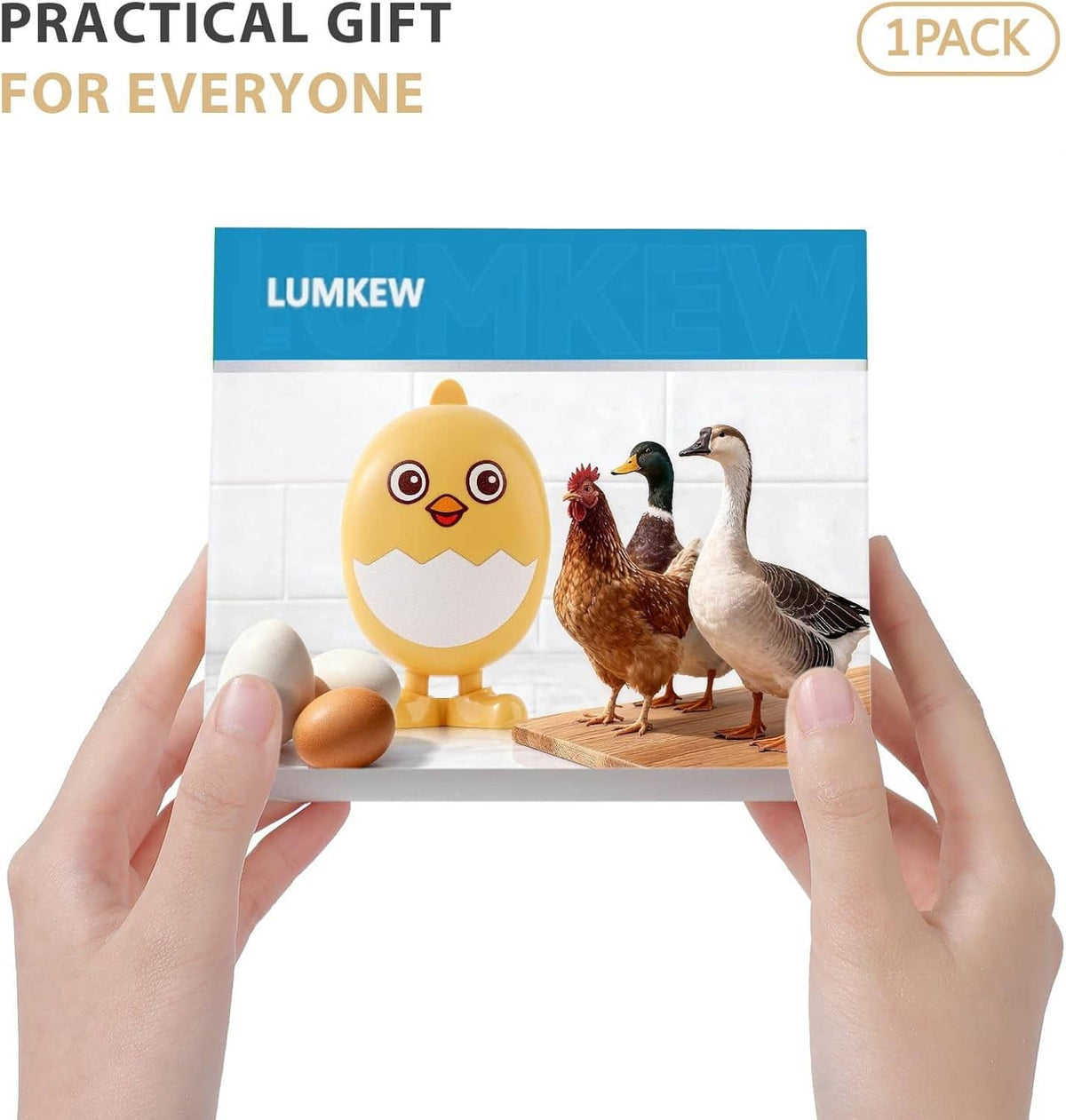Lumkew egg scrub brush package held by hands, front view
