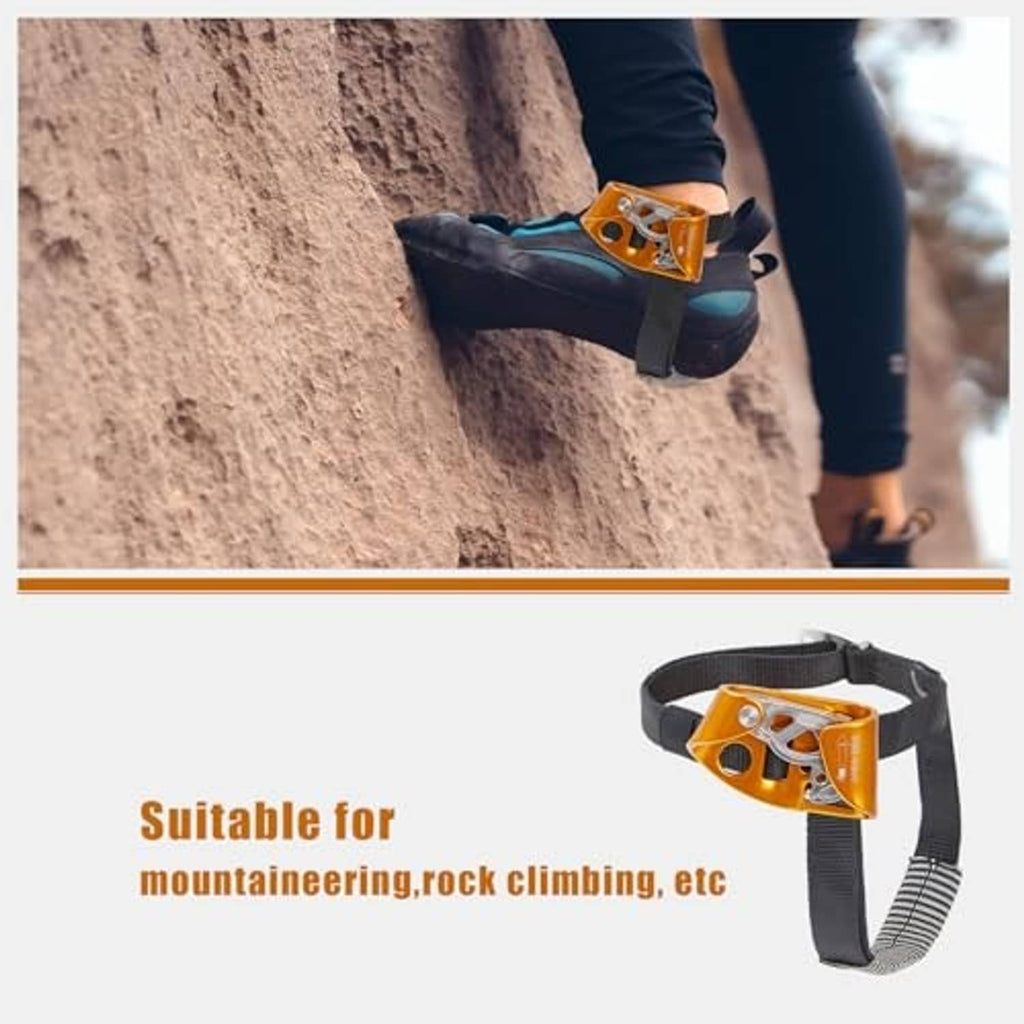 Orange right foot ascender clipped to a rock wall on a climber's boot