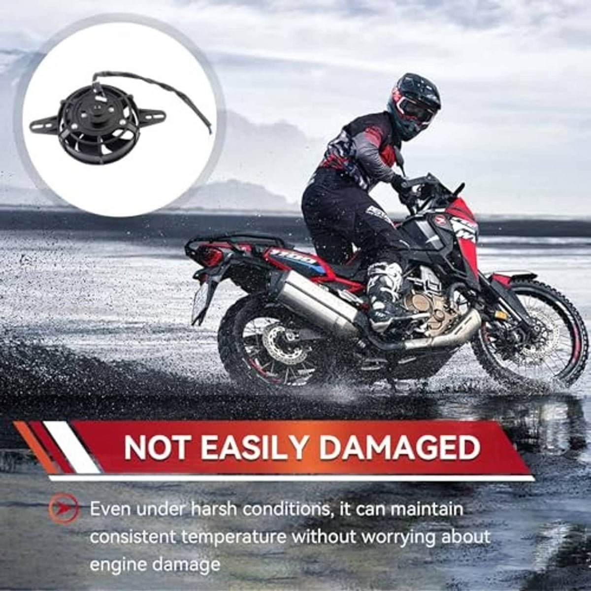 Compact motorcycle cooling fan inset with black blades, mounting brackets, and wiring