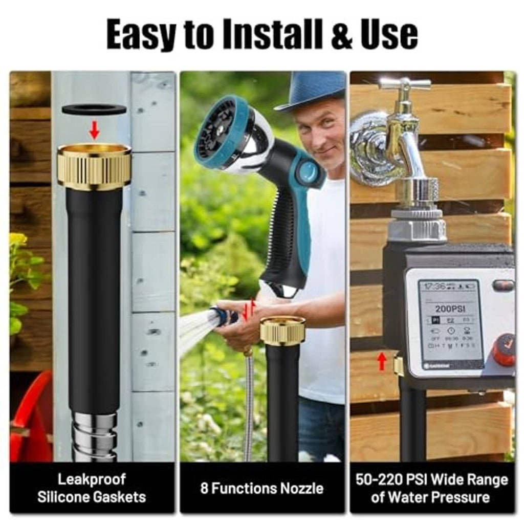 Garden hose spray nozzle with brass fittings and flexible metal hose