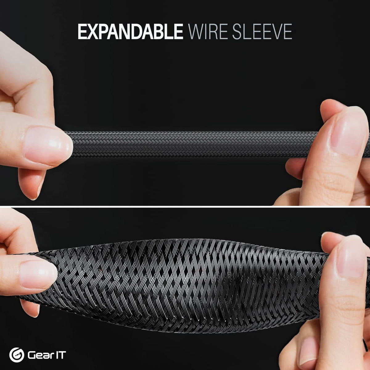 Black expandable wire sleeve stretched by hands, braided PET texture