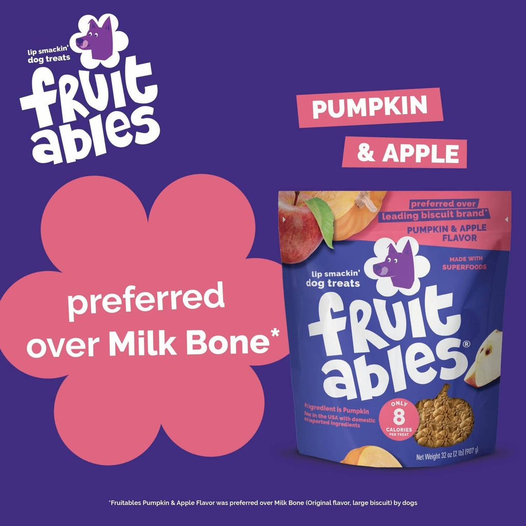 Fruitables comparison-style graphic featuring the pumpkin & apple dog treats pouch