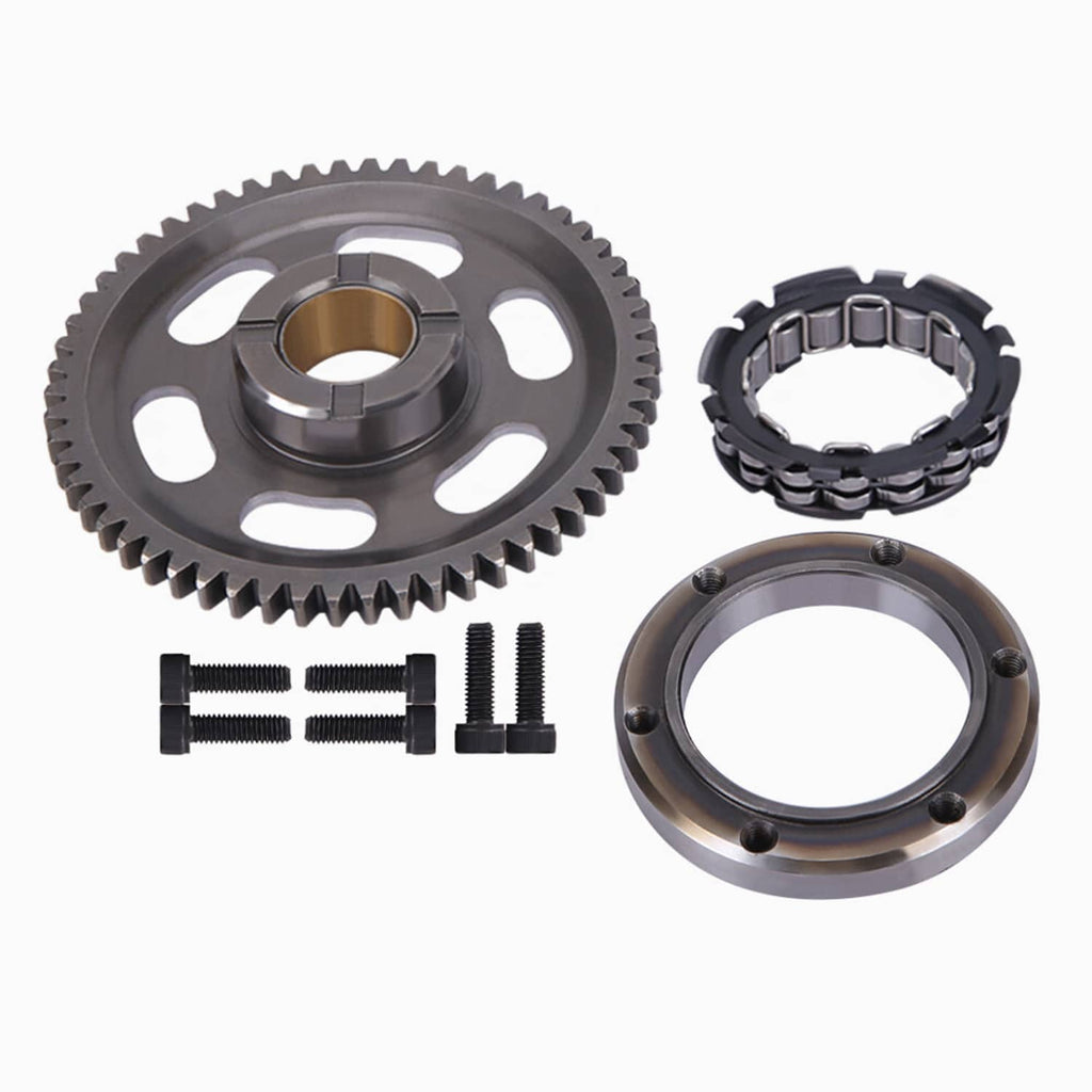 Starter clutch components set with large gear, sprag bearing, outer ring, and bolts