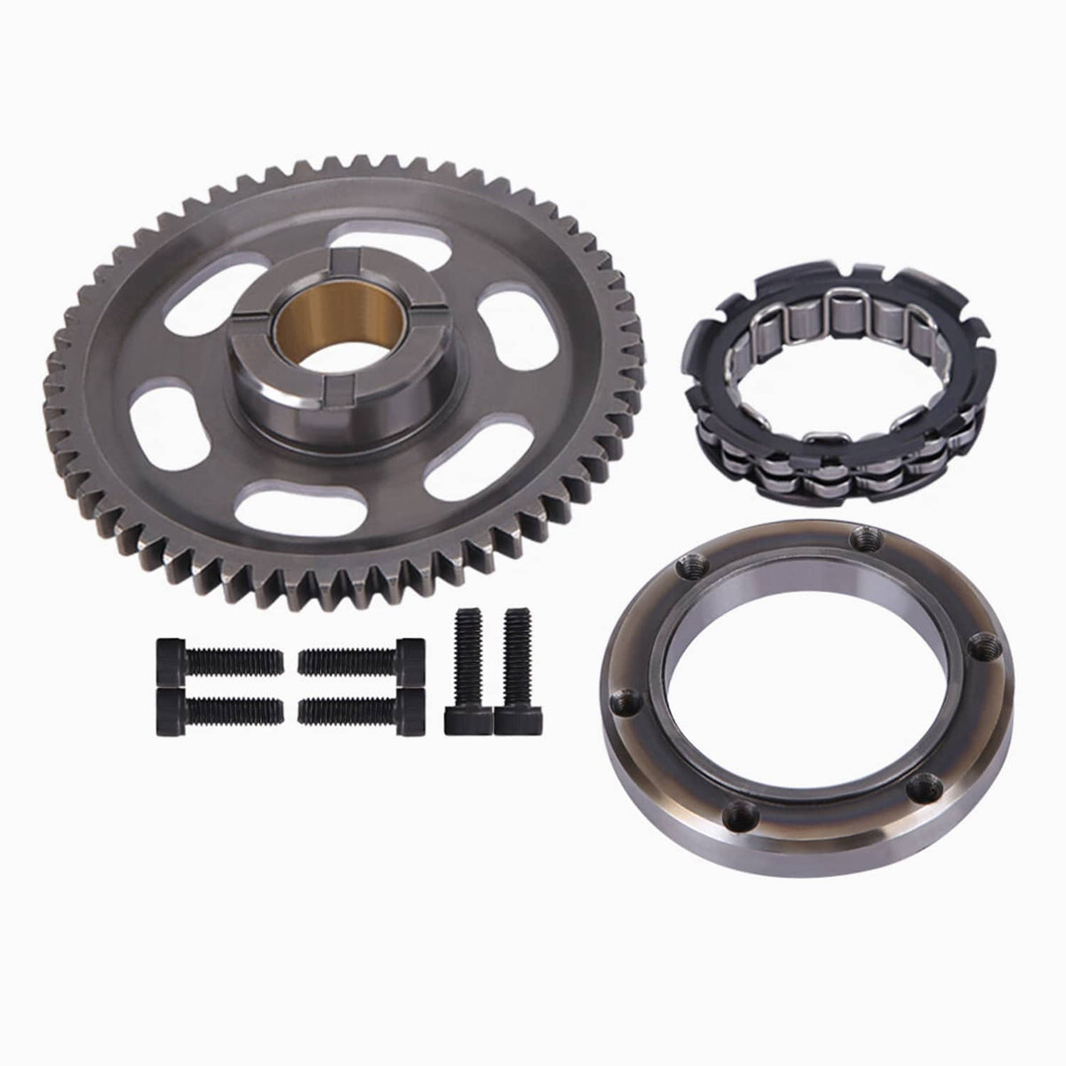 Starter clutch components set with large gear, sprag bearing, outer ring, and bolts
