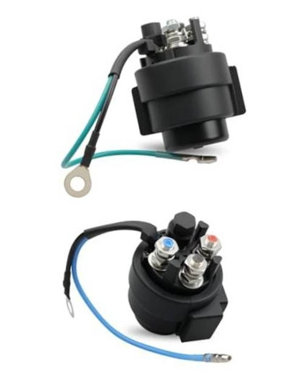 Marine power trim tilt relay set with black housing, terminals, and green/blue wires