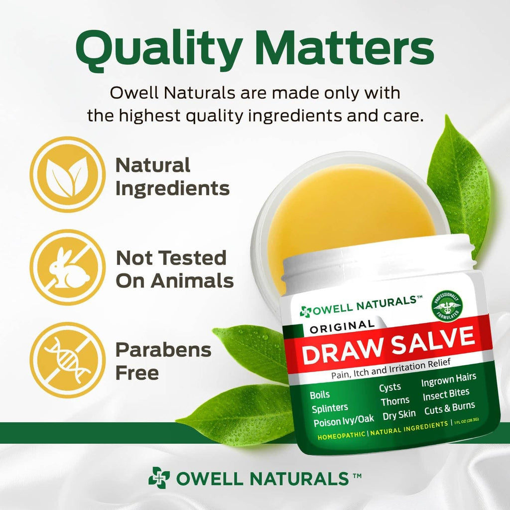 Drawing salve ointment jar with quality icons and green “Draw Salve” label