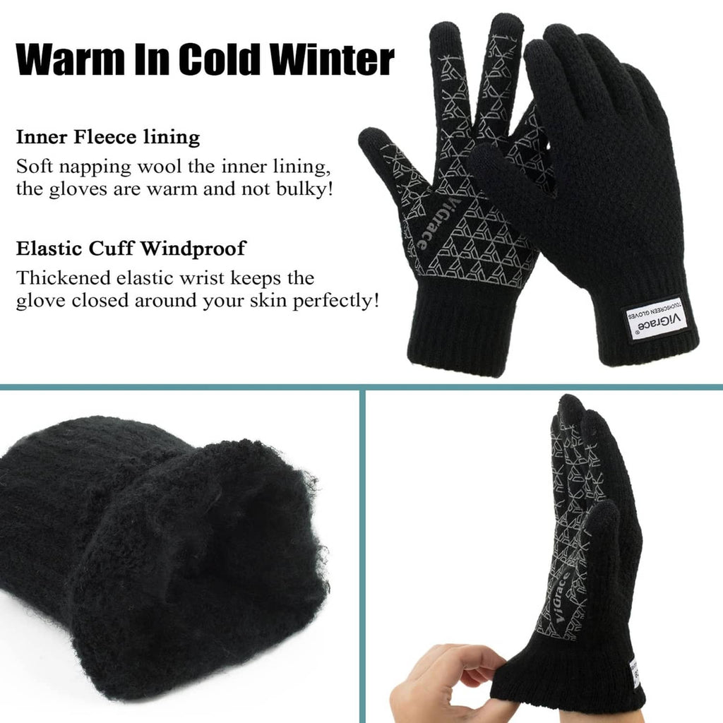 Black winter gloves with fleece lining and elastic ribbed cuffs; geometric grip pattern