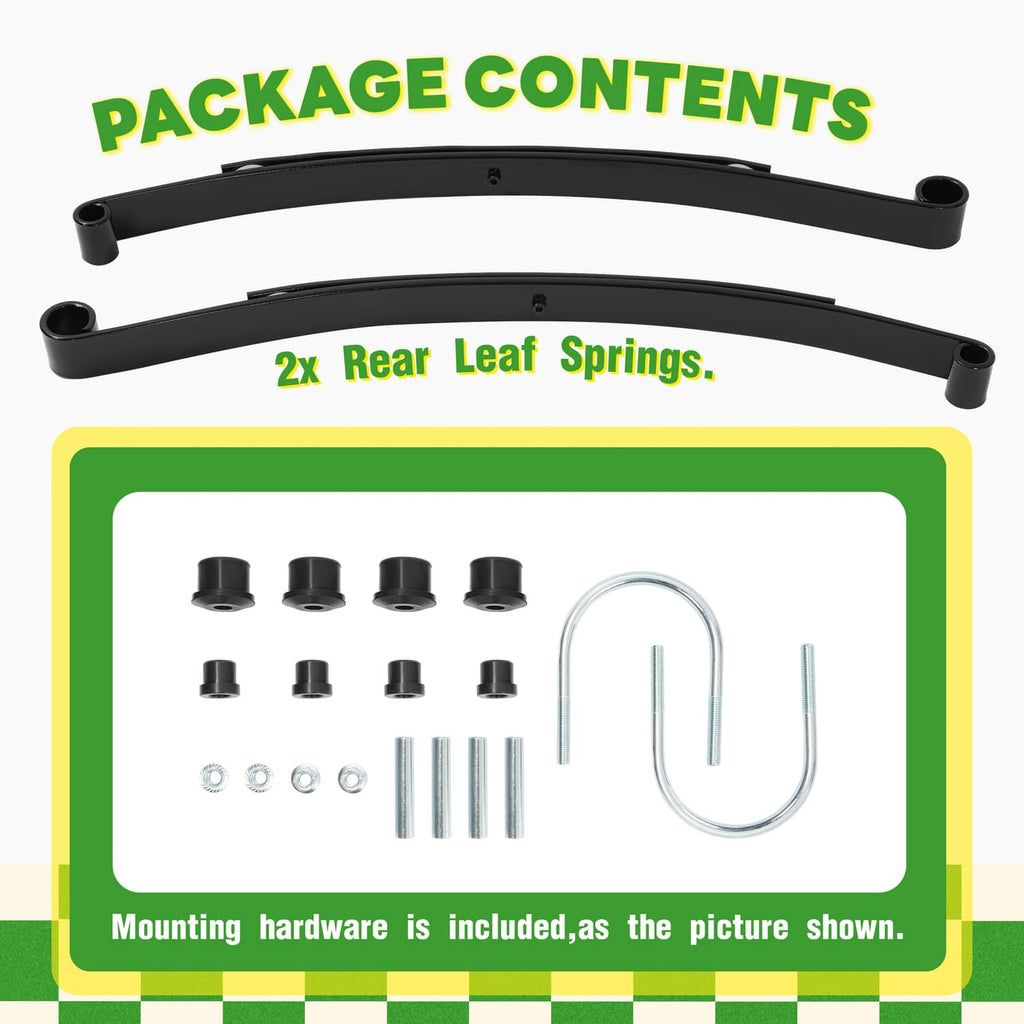 Rear leaf spring kit contents: two springs, bushings, U-bolt, and mounting bolts