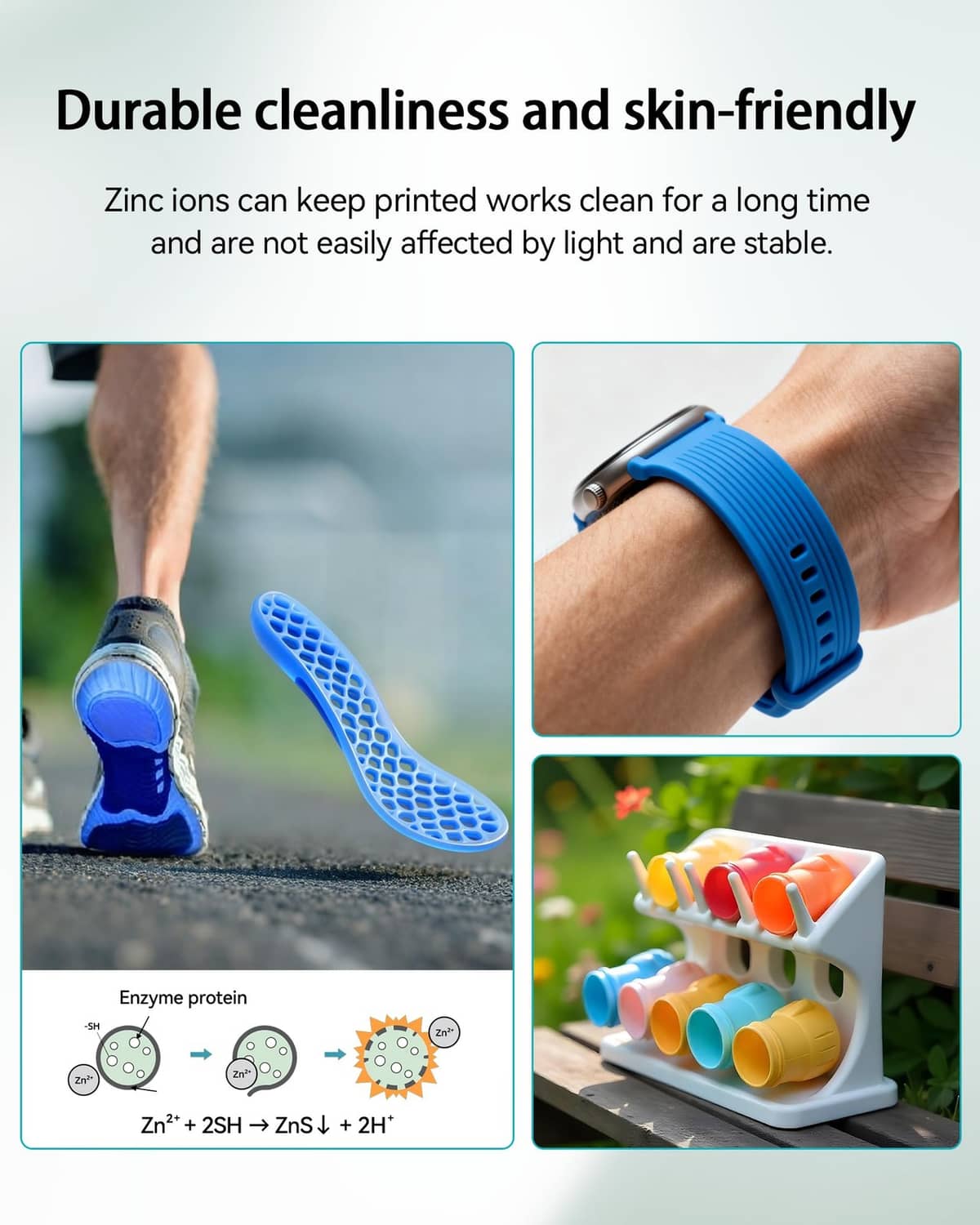 Blue TPU filament applications shown on athletic shoe and wristband