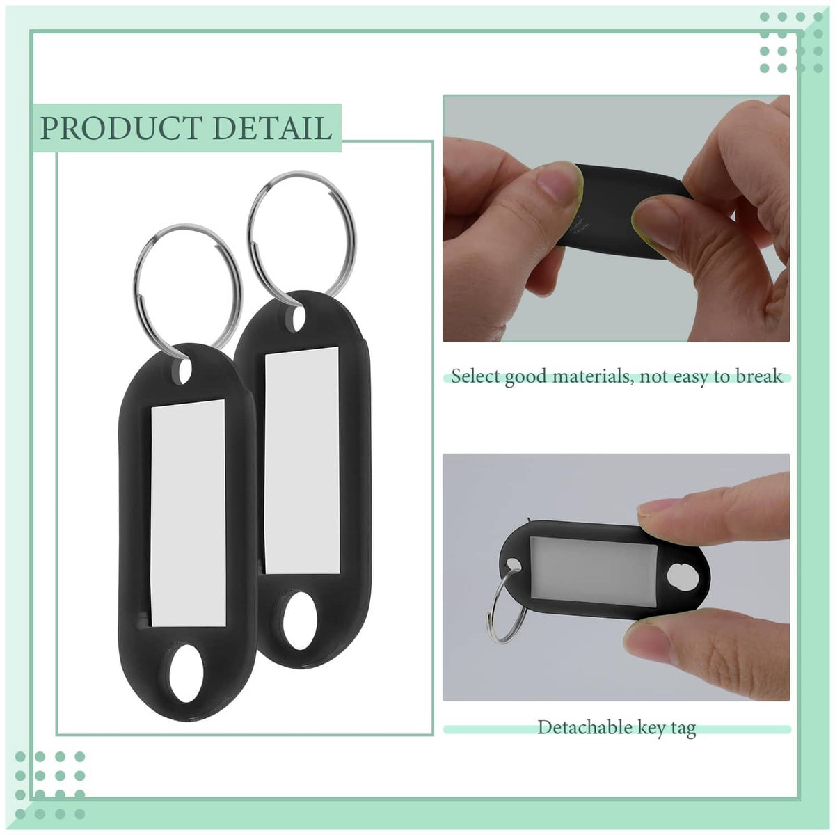 Black plastic key tags with clear label windows and metal key rings, close-up