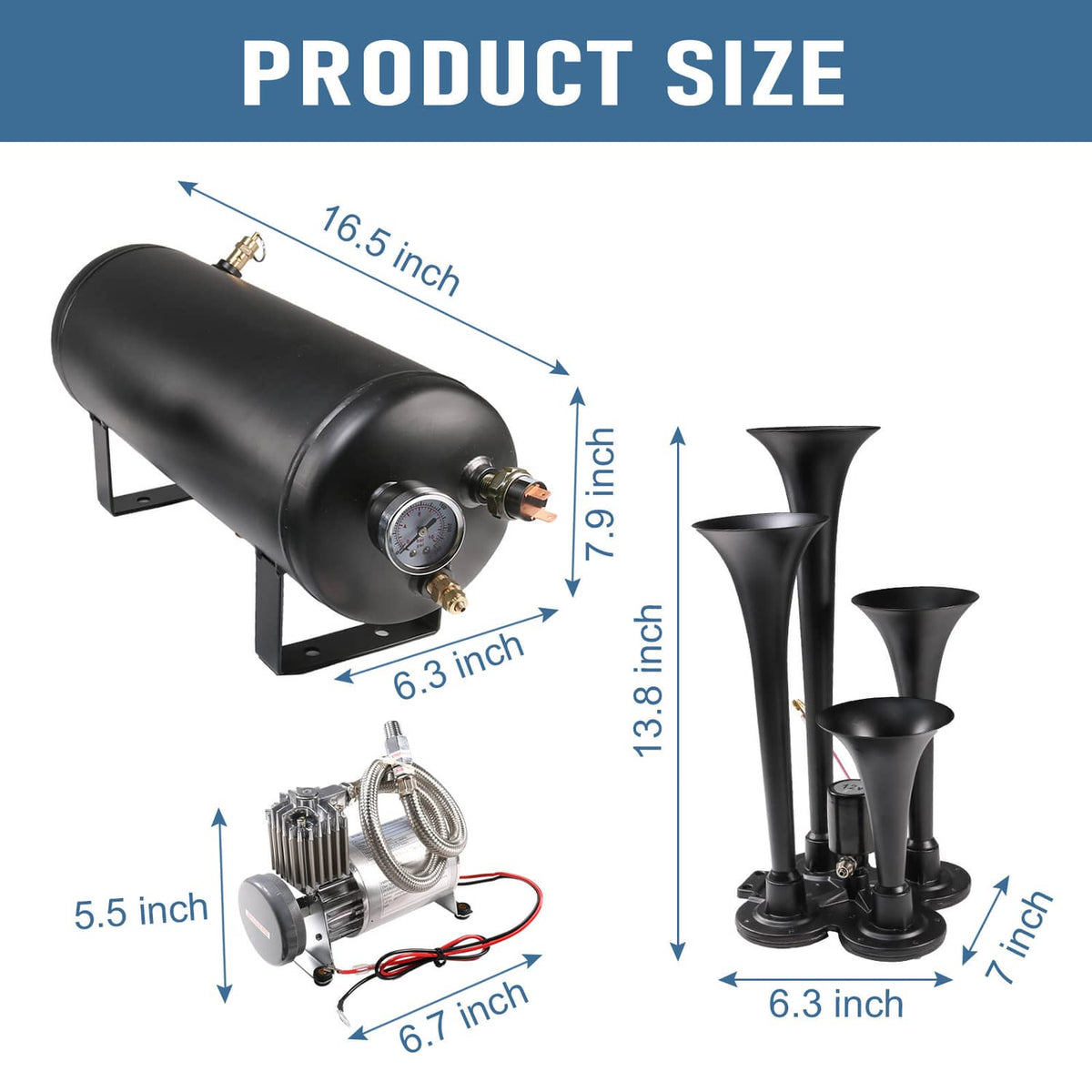 Black air tank horn system with pressure gauge and four trumpet horns, front view