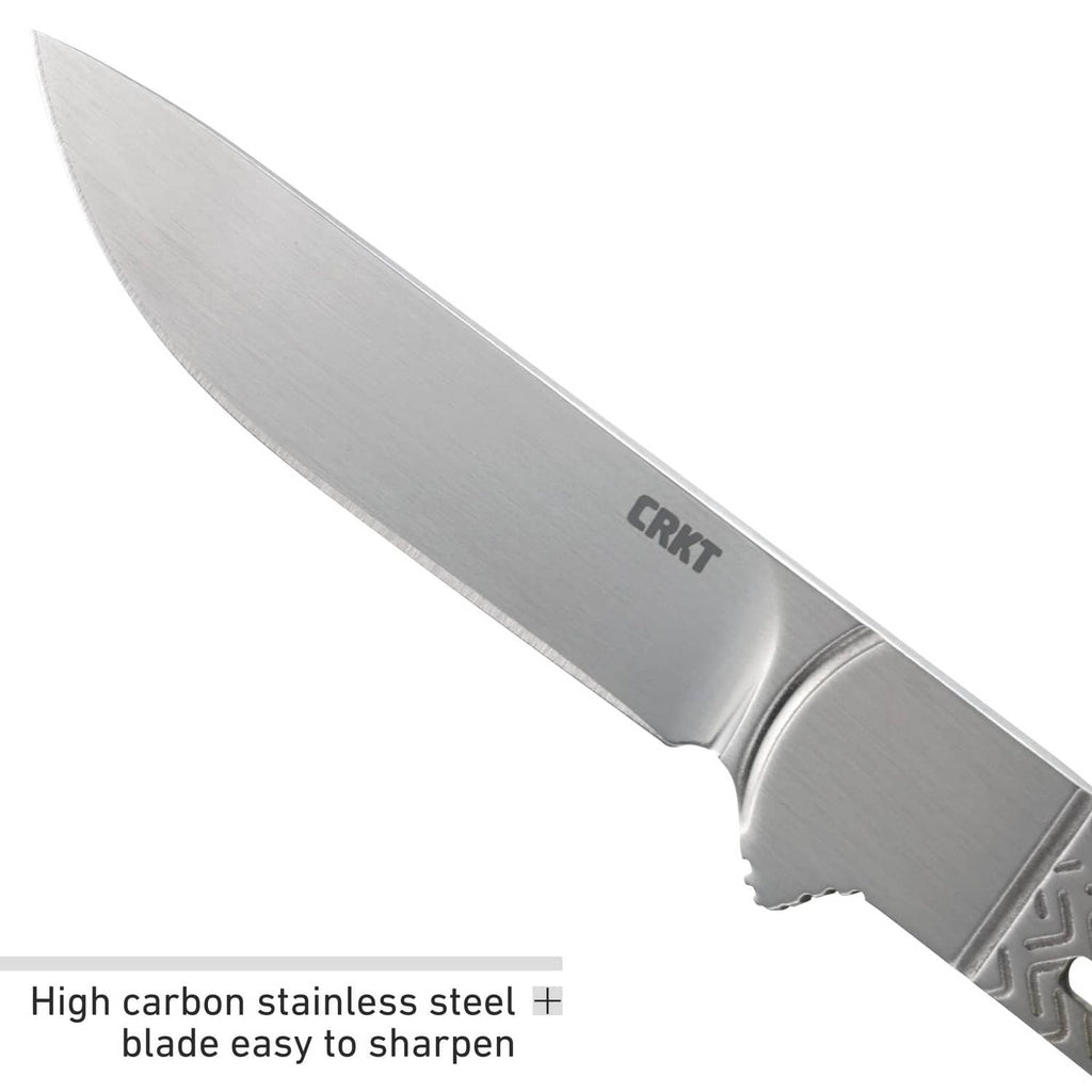 Silver fixed-blade knife close-up with CRKT logo and textured grip handle