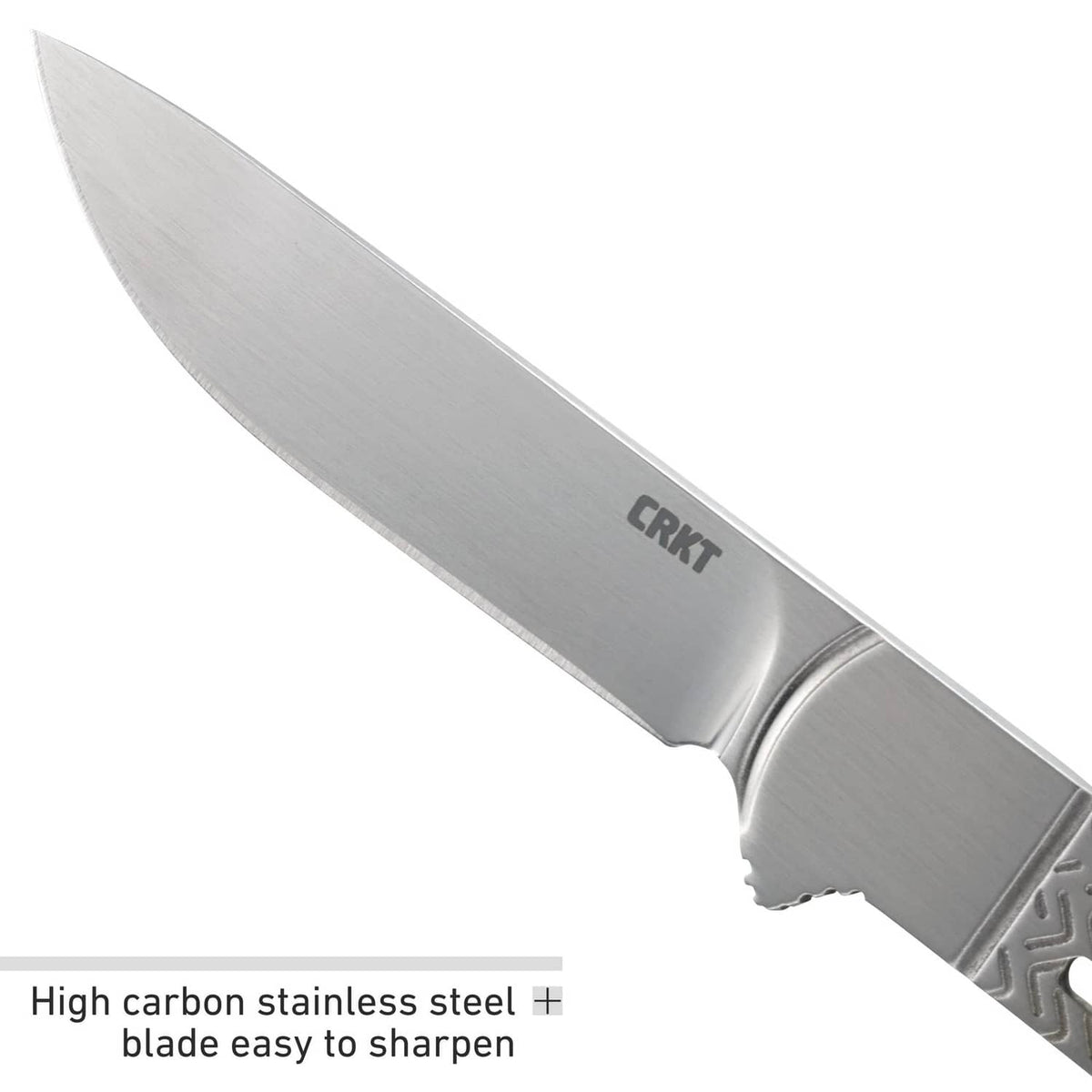 Silver fixed-blade knife close-up with CRKT logo and textured grip handle