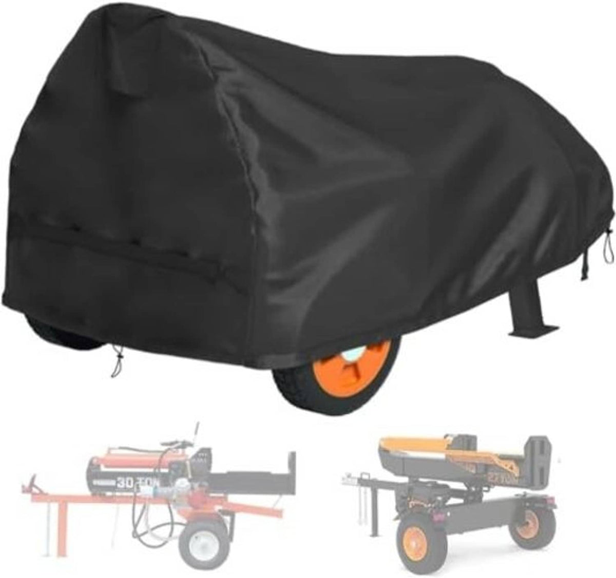 Black log splitter cover with secure tie cords and contoured canopy over the base