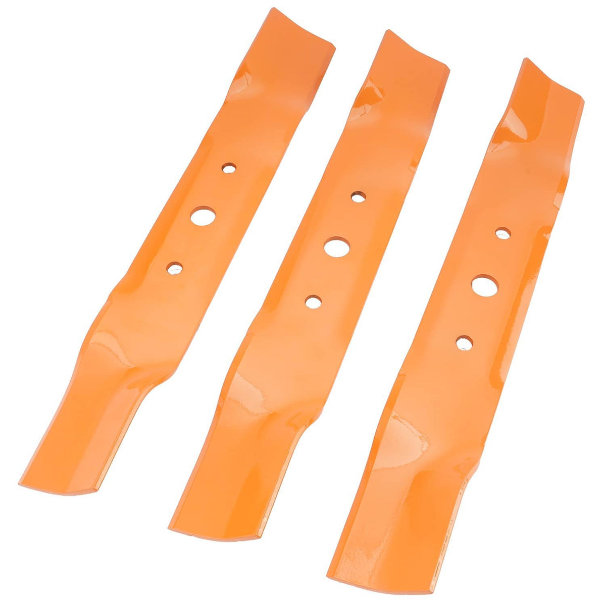 Three orange mower blades standing apart, each with multiple round mounting holes.