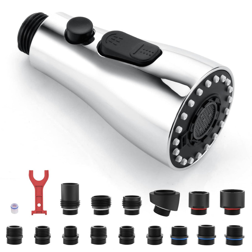 Chrome kitchen faucet pull-down sprayer head with black control buttons