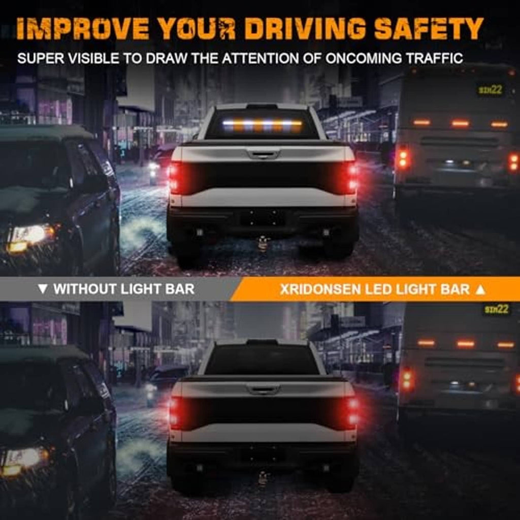 Traffic light bar installed on pickup rear, bright amber and white LED glow with controller