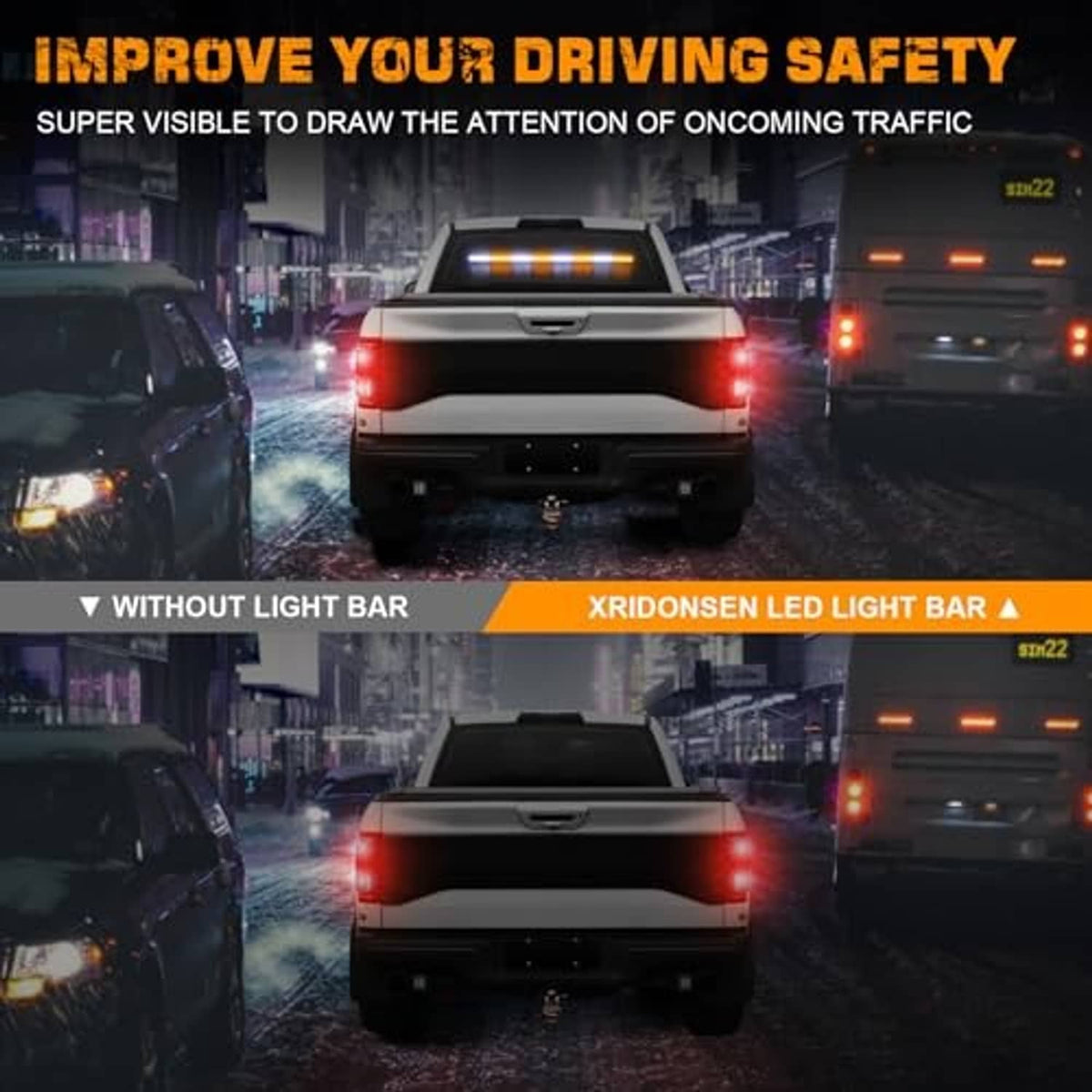 Traffic light bar installed on pickup rear, bright amber and white LED glow with controller